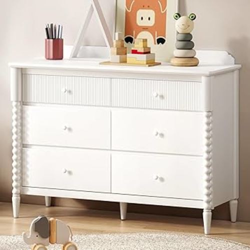 6 Drawer Dresser, Children Dresser with Storage, Wide Chest of Drawers for Nursery, Wood Large Drawer Organizer Cabinet for Bedroom, Living Room, Hallway, White