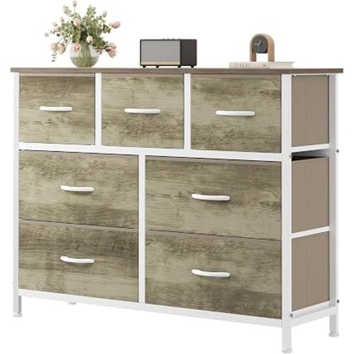 Sweetcrispy 7 Drawer Dresser with Fabric Bins, Fabric Storage Tower Organizer for Bedroom, Closet, Hallway, Entryway, Tall Chest of Drawers with Steel Frame, Wood Top, Large Storage, Greige Oak