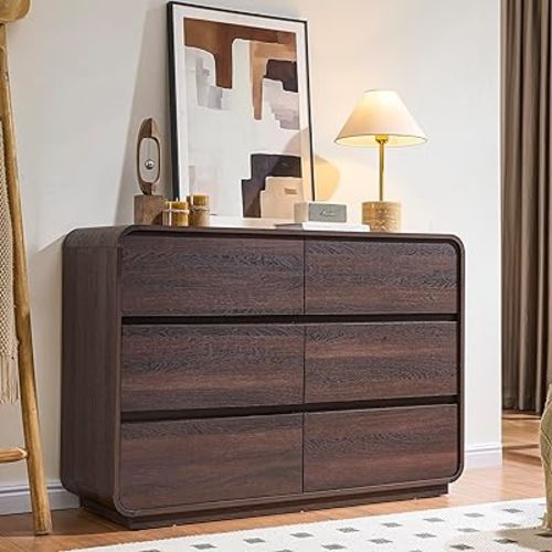 Walnut 6 Drawer Dresser, Curved Chest of Drawers for Bedroom, 47 Inch Wide Dresser with Deep Drawers for Clothes, Modern Drawer Closet for Bedroom, Living Rooms, Offices, Entryways