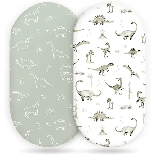 Stretch Ultra Soft Fitted Bassinet Sheet Set 2 Pack, Universal Fit for Bassinets Baby Cradle Moses Basket Oval Rectangle Mattress Safe and Snug, Dinosaur