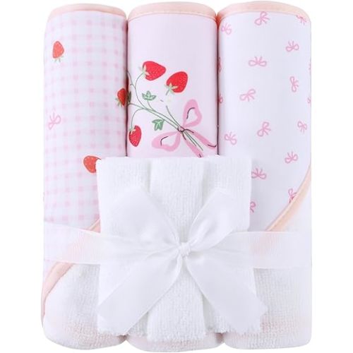 Mooreeke Baby Towel with Hood for Girls Strawberry Bath Towel for Babies Ultra Soft Absorbent 3 PCS Baby Towels and 3 PCS Washcloths for Newborn Essentials