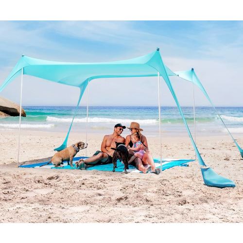 SUN NINJA Beach Tent Sun Shelter UPF50+ - Easy Pop Up Beach Canopy - Outdoor Shade for Camping Trips, Fishing, Backyard Fun Picnics - Sand Shovel, Ground Pegs & Stability Poles