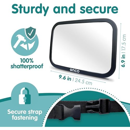 Onco Baby Car Mirror Rear Facing - Double Award-Winning Car Mirror for Baby, 100% Shatterproof Baby Mirror for Car Journeys, Shakeproof Car Seat Mirror for Baby Rear Facing, Universal Car Mirror Baby - Black