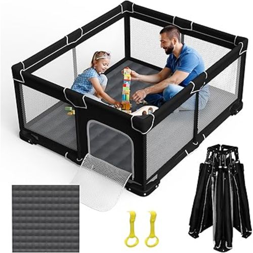 Foldable Baby Playpen with Mat, Large Foldable Playpen for Babies and Toddlers, Folding Baby Activity Center, Portable Play Yard with 2 Handlers + Suitable Size Mat(Black, 59x71 inches)
