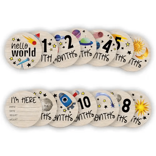 Baby Monthly Milestone Circles, Astronaut Space Stuff Wooden Discs for Baby Photo Takens with Hello World Signs - 7 Pcs Double Sides Round Circles Signs for Documenting Growth
