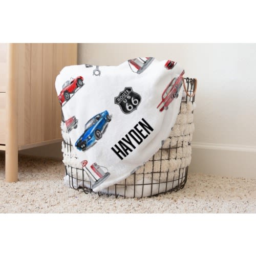 Customized Vintage Route 66 Car Name Little Boy Blanket, Baby Blanket, Name Boy Blanket, Vintage Car Gift Idea, Blanket Boy Name Car Vintage