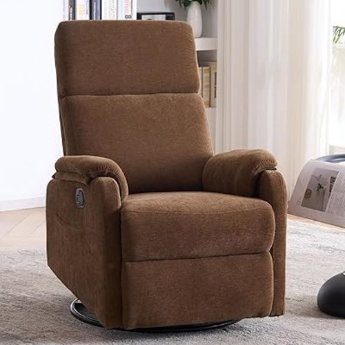 Recliner Chair for Adults, 360° Swivel Rocking Chair Nursery, Small Rocker Recliners for Small Spaces, Glider Recliner Nursery Chair with Side Pocket for Living Room, Bedroom, RV,Brown