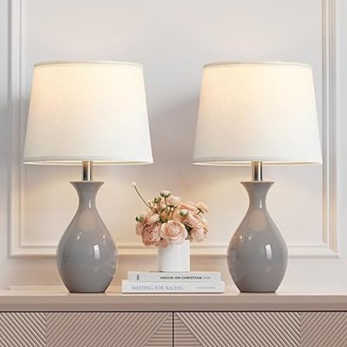 PARTPHONER Table Lamp Set of 2, Modern Ceramic Bedside Lamps for Night Stands, Classic Small Lamp Nightstand Lamp for Bedroom Living Room Desk End Table Rocker Swtich Grey