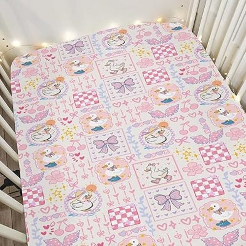 Pastel Pink Geese Bows Floral Baby Crib Sheets for Boy Girl 52"x28" Cute Ducks Bows Love Soft Snug Fitted Crib Mattress Covers Boho Spring Farm Animal Baby Sheet Fits Crib & Toddler Bed Mattresses