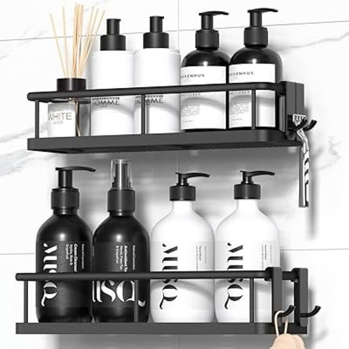 YASONIC Shower Caddy Adhesive, No Drill Bathroom Shower Organizers, with Removable Hooks, Rust Proof Shower Shelves, Wall-Mounted Shower Holder, Black, 2 Packs