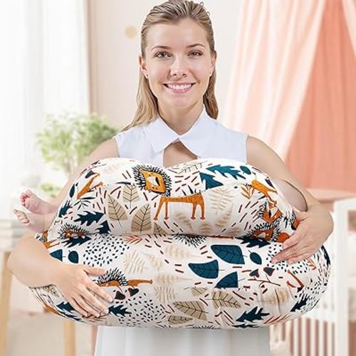 Nursing Pillow for Breastfeeding - Ergonomic Comfort & Support Baby Pillow for Bottle Feeding and Breastfeeding, Easier and Healthier Nursing, Firm Fiber Fill, with Removable Cover (Lion)