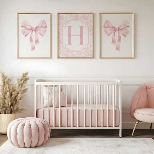 Pink Bow Nursery Decor Prints, Custom Pink Bow Wall Art, Pink Girly Wall Art, Pink Toile Nursery Art, Baby Girl Nursery, Coquette Nursery