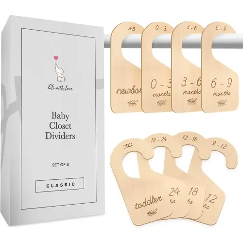 Baby Closet Dividers (Classic) - 8 Premium Wood Double Sided Baby Closet Size Dividers - Ideal Baby Clothes Dividers for Closet – Organize Nursery Closet Hangers by Size/Age