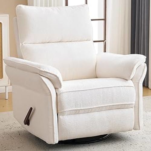 Oversized Rocking Chair Nursery with Adjustable Headrest, 26" Extra Wide Glider Recliner Nursery Chair for Nursery, 360° Swivel Rocker Recliner with Overstuffed Armrest, White