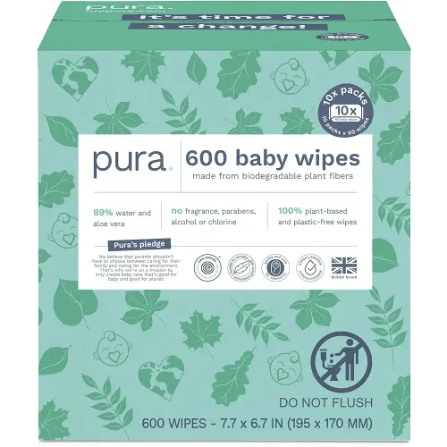 Pura Natural Sensitive Baby Wipes, 99% Water, Unscented & Hypoallergenic, Suitable for Sensitive & Eczema-prone Skin, Hypoallergenic, EWG Verified, 10 Pack of 60 Wet Wipes (600 Diaper Wipes) Bulk Buy