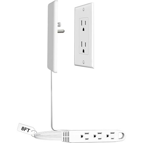 8FT Ultra Flat Plug Extension Cord Power Strip with 3 Outlets, Patented Detachable Ultra-Thin Outlet Cover Concealer & Ultra-Flat Plug, Max. 13A 125V 1625W ETL Listed, White Color