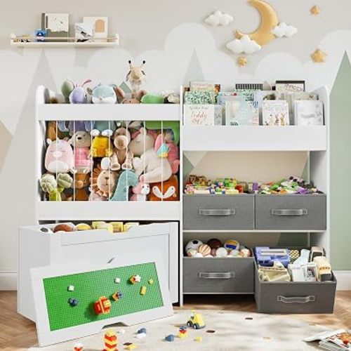 51.1" W Large Toy Storage Organizer with Stuffed Animal Storage, Kids Bookshelf with 4 Removable Toy Bins, Movable Toy Box with Buildable Baseplate Lid for Lego Bricks, Ideal for Kids Room Playroom