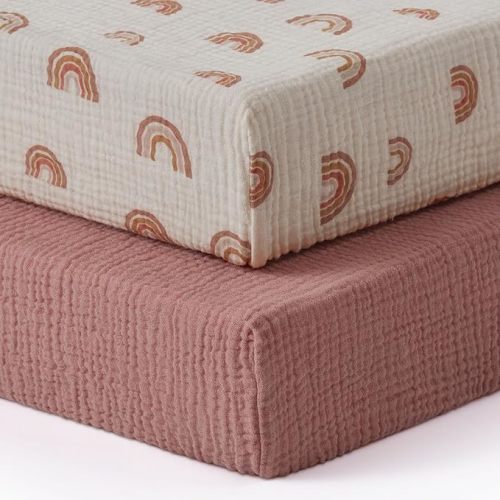Blissful Diary Muslin Crib Sheets for Girl Boy, Boho Neutral Soft Cotton Baby Sheet for 52''x28'' Standard Crib Mattress, 2 Pack, Dusty Pink&Rainbow