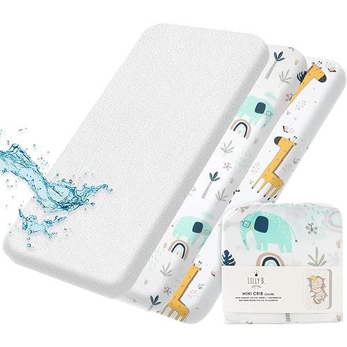 Pack and Play Sheets Fitted LILLY B. Organic GOTS Set mini crib sheets 2+1 waterproof protector fits on crib/mini-crib/pack'n'play gender neutral, Fit All Shape Upto (38Lx 24Wx 6H) inch