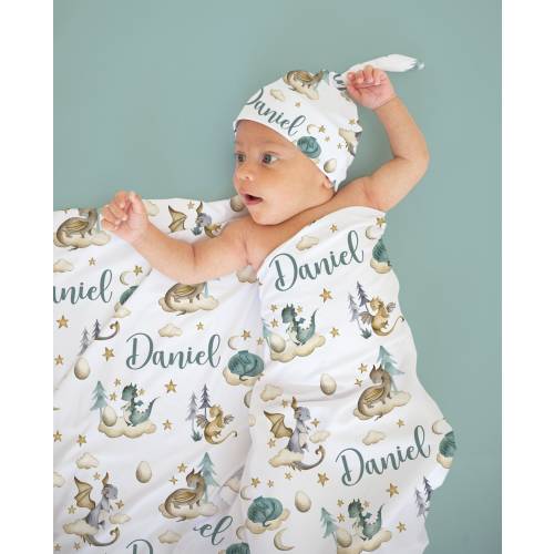 Baby Boy Swaddle Set with Name- Blanket Beanie Hat -Personalized Baby Boy Blanket -Newborn Hospital Photo -Dragon Blanket- Baby Gift 322