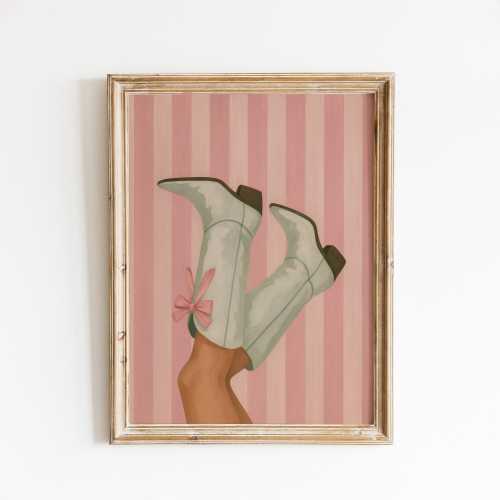 White Cowgirl Boots with Bow Poster – Feminine Western Wall Art in Pink Stripes