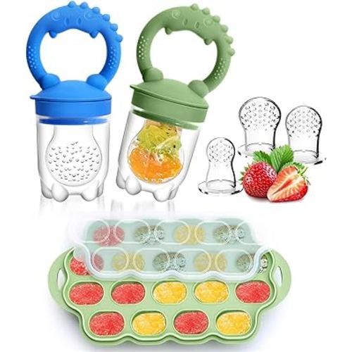 Silicone Baby Fruit Feeder & Breastmilk Popsicle Molds Freezer Tray with Lid, 2 Pack Baby Food Feeder to Teething Relief, Introduce New Foods, Self Feeding, Includes 6 Food Pacifiers (Green+Dark Blue)
