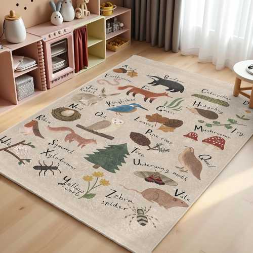 Nature Alphabet Fun Kids Room Rug-Animal Learning Design Nursery Rug-Nature Inspired Baby Room Rug-Educational Wildlife Playmat