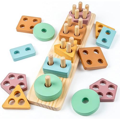 Montessori Toys for 1 Year Old Baby Boy Girl, Wooden Blocks & Stacking Toys for Toddler, Color Recognition Shape Sorter Educational Wooden Toys for Kids 1 2 3 4 year old Preschool Learning Puzzle Gift