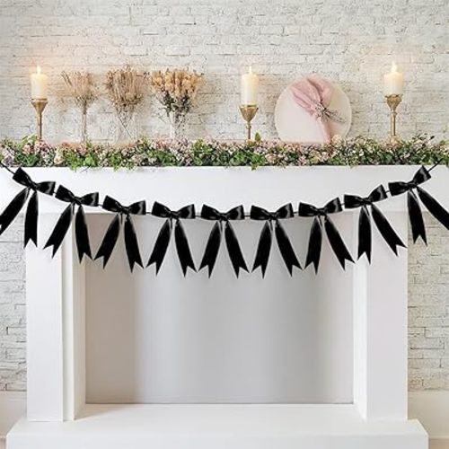 Bow Garland Ribbon Bow Banner for Coquette Birthday Decortions Girls Baby Shower Bow Party Decor (Black)