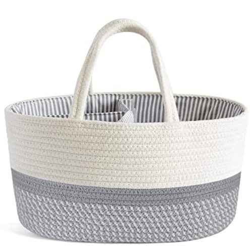 Conthfut Baby Diaper Caddy Organizer 100% Cotton Rope Nursery Storage Bin for Boys and Girls Large Tote Bag & Car Organizer with Removable Inserts Baby Shower Basket - White & Grey