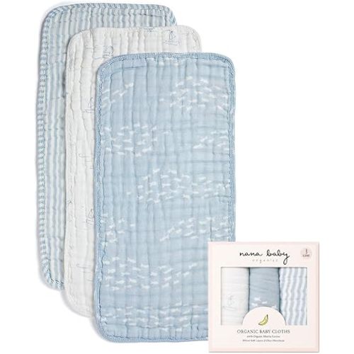 Nana Baby Burp Cloths – 100% Organic Cotton, Oversized & Hypoallergenic, 8-Layer Muslin, Machine Washable, Neutral Unisex Colors, Gentle on Sensitive Skin, Set of 3 (Blue)