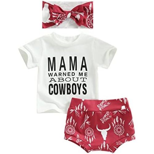 Western Baby Girl Clothes Short Sleeve Letter T-Shirt Cow Print Shorts with Headband 3Pcs Summer Cowgirl Outfit