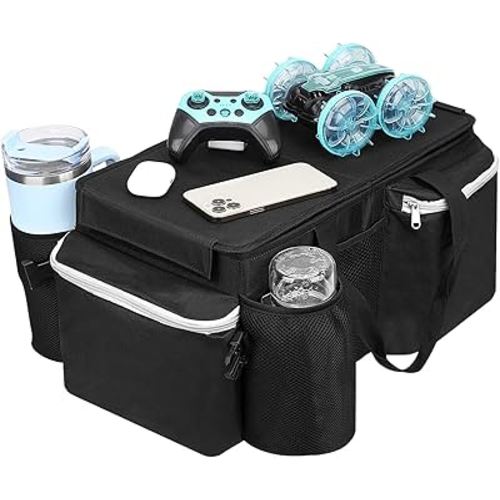 Car Seat Organizer with Lid, Premium Car Organizer Front Seat Back Seat Car Toy Bin for Kids, Passenger Seat Car Caddy with Cup Holder, Multiple Pockets for Snack/Documents, Road Trip Essentials