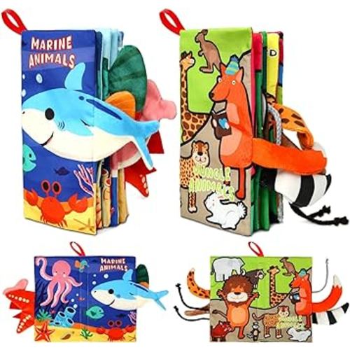 2PCS Baby Books - Montessori Toys Cute Animal Theme Baby Cloth Books 6 to 12 Months, Soft Stuffed High Contrast Crinkle Infant Sensory Toys, Boys&Girls Kids Early Learning Gifts
