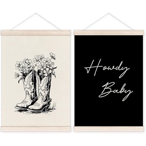 Western Nursery Poster Hanger with Wood Frame, Howdy Baby Cowboy Cowgirl Wall Art Decor for Home, Black and White Western Floral Posters for Cowboy Cowgirl Room Decor, 12x16 Inch Set of 2