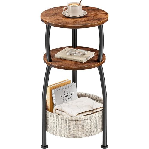 Small Side Table for Small Spaces with Storage Basket, Round End Table 3-Tier NightStand Sofa Corner Table for Living Room, Bedroom, Patio and More 24in Tall Rustic Brown