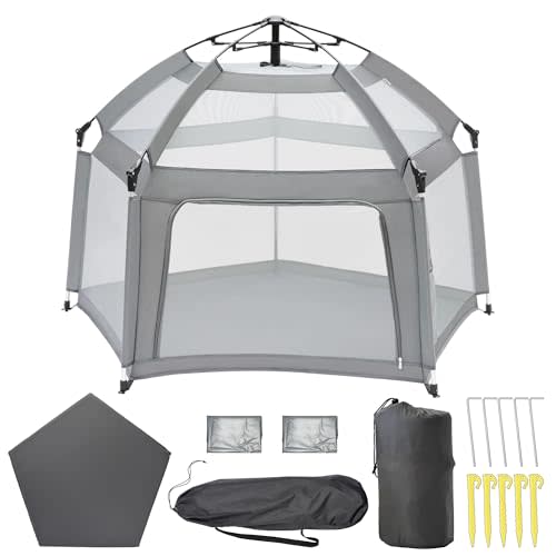 UPHUNAL Baby Playpen with Self-Inflating Play Mat & Canopy & Travel Bag, Portable Playpen for Babies and Toddlers, Pop Up Play Tent for Home, Park, Beach, and Camping - Foldable Baby Playpen (Grey)