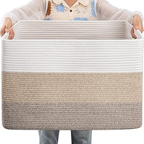 OIAHOMY 108L Large Cotton Rope Basket, Rectangle Woven Baskets for Storage, Nursery Blanket Basket Living Room, Toy Basket With Handle, Baskets for Organizing-25”x16”x16”-Gradient Yellow