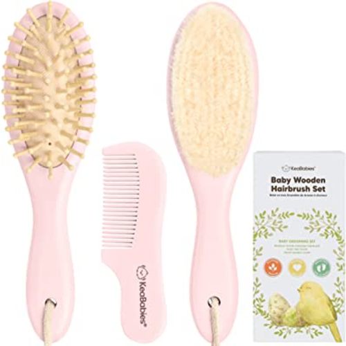 Baby Hair Brush and Comb Set for Newborn - Wooden Baby Hair Brush Set with Soft Goat Bristle, Baby Brush Set for Newborns, Baby Brush and Comb Set Girl, Boy, Toddler Cradle Cap Brush (Oval, Blush)