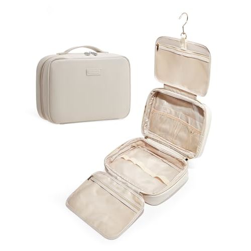 EACHY Toiletry Bag with Hanging Hook, Travel Makeup Bag PU Leather Cosmetic Bags for Women Make Up Organizer with 4 Compartments Waterproof Full-Size Portable Travel Essentials (Beige)