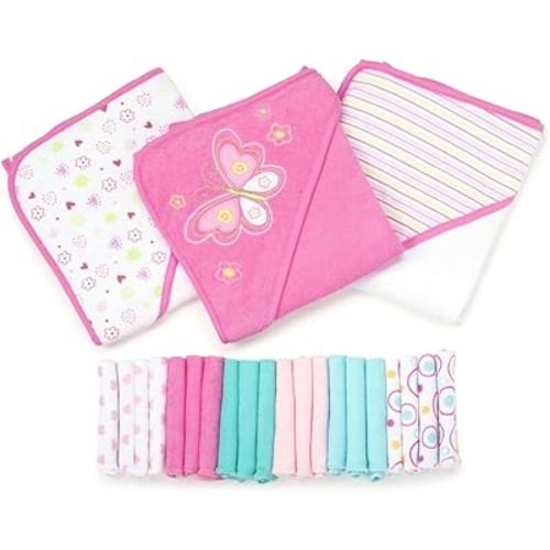 Spasilk Bath Hooded Towels & Washcloths Set for Babies, 23-Piece Gift Set, Pink Butterfly, (Gift GBA23 07)