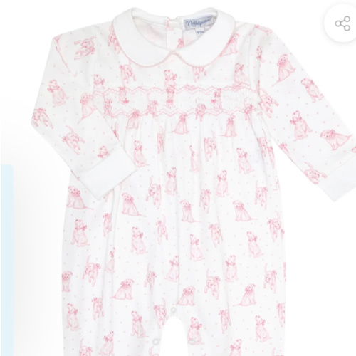 Pink Puppy Love Print Smocked Footie - 0-6mo