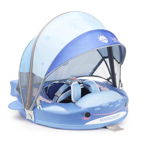 Mambobaby Baby Pool Float with Canopy & Tail Baby Swim Float Non-Inflatable Solid Baby Float Soft Waterproof Skin-Friendly Material Infant Swim Float for 3-24 Months Baby Boys Girls(Shark)