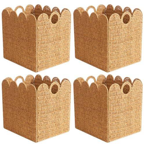 Scalloped Wicker Storage Cubes Basket, 12”x12“ Heavy Duty Paper rope/Hyacinth/Seagrass Baskets for Shelves, Foldable Natural Boho Square Bins (Paper Rope, 12 x 12 x 12in, 4-Pack)