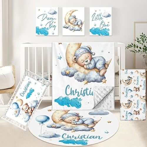 Personalized Baby Crib Bedding Set, 5 Pcs Custom Baby Crib Set with Name, Blue Moon Bear Baby Bedding Set for Boys Girls, Double Layer Nursery Bedding Set, Toddlers Infants New Parents Gift