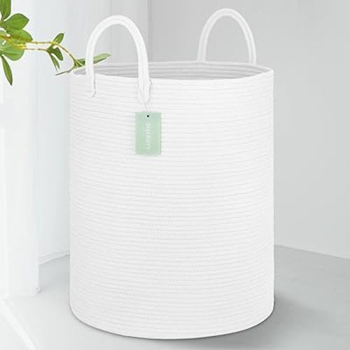 Large Laundry Hamper Basket for Girls Boys Kids 65L, Tall Nursery Hamper with Handles, Woven Blanket Basket for Storage Toys Clothes Towels , 16”x 20”, White