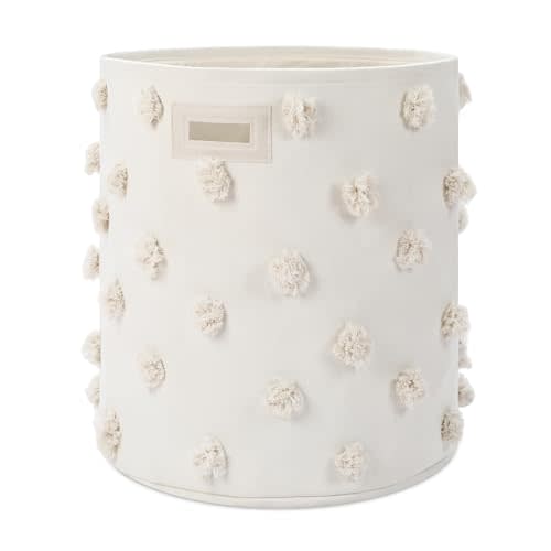 Beige 17.5" D x 20.8" H Pom Pom Basket Bin Large Cotton Canvas Laundry Hamper Baby Girl Laundry Basket Storage, Baby Nursery Hamper for Nursery Playroom Home Room Organizer Decor
