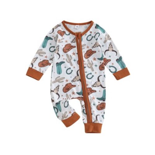 Western Baby Girl Boy Clothes Long Sleeve Cow Print Romper Zipper Bodysuit Jumpsuit One Piece Fall Winter Outfit