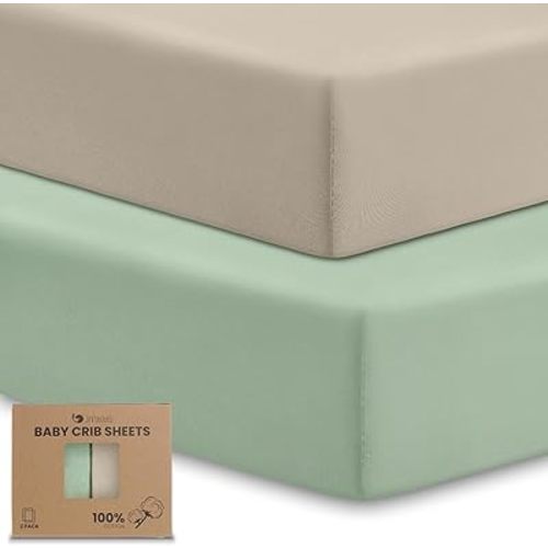 2-Pack Baby Crib Sheets for Boys Girls, Thicker 100% Organic Cotton Crib Mattress Sheets Neutral, 52”x28” Crib Sheets Fitted for Standard Crib & Toddler Bed Mattress