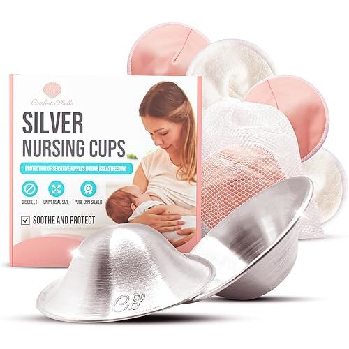 Comfort Shells® 999 Silver Nursing Cups & Washable Breast Pads | Silver Nipple Shields for Breast Feeding Moms | Soothe, Heal & Protect Sore or Cracked Nipples